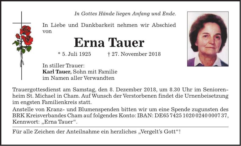 Traueranzeige Erna Tauer
