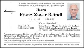 Traueranzeige Franz Xaver Reindl