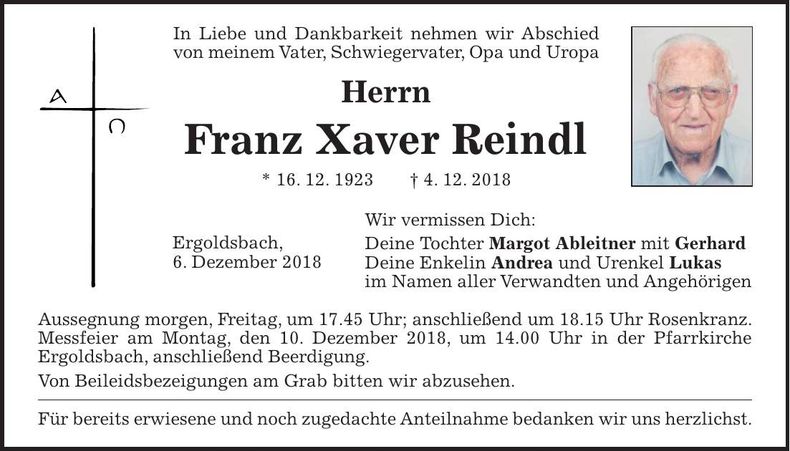 Traueranzeige Franz Xaver Reindl