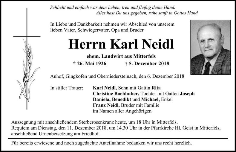 Traueranzeige Karl Neidl