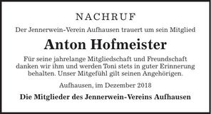 Traueranzeige Anton Hofmeister