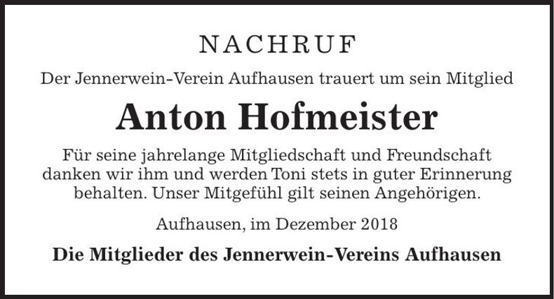 Traueranzeige Anton Hofmeister