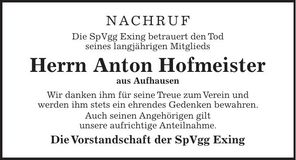 Traueranzeige Anton Hofmeister