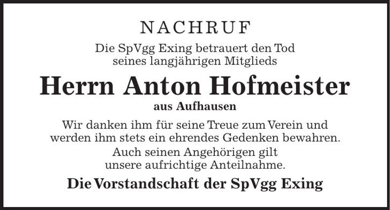 Traueranzeige Anton Hofmeister