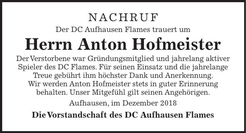 Traueranzeige Anton Hofmeister