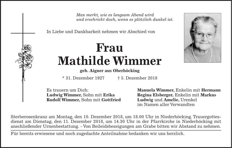 Traueranzeige Mathilde Wimmer