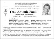 Traueranzeige Antonie Paulik