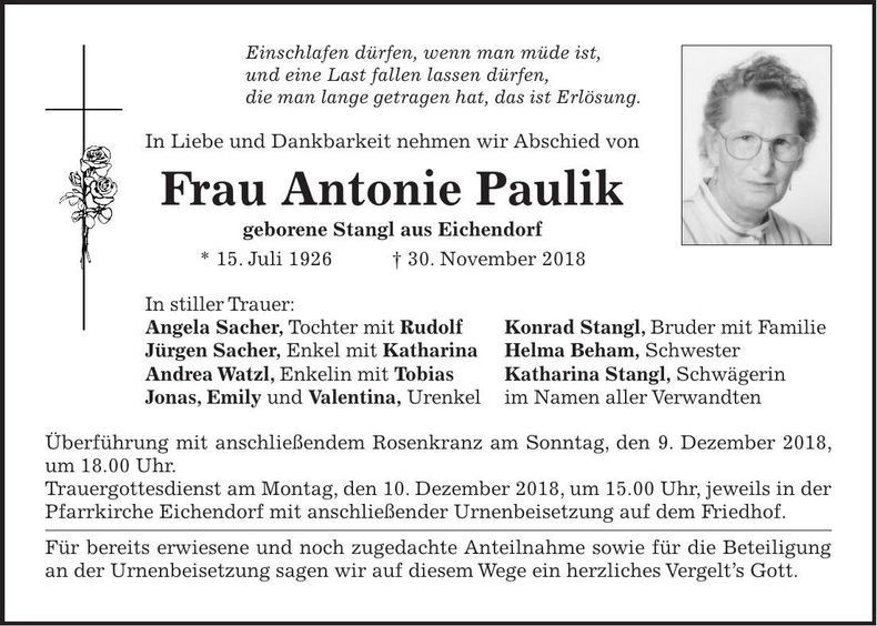 Traueranzeige Antonie Paulik