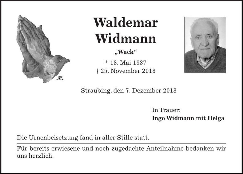 Traueranzeige Waldemar Widmann
