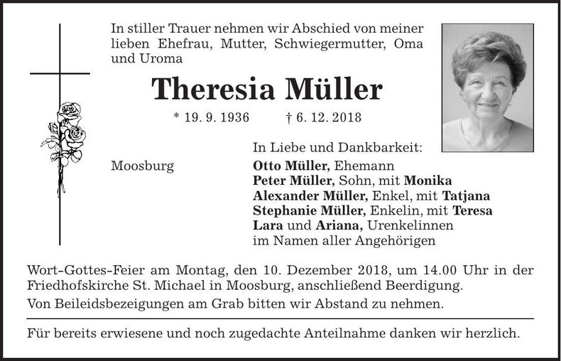 Traueranzeige Theresia Müller