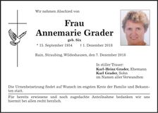 Traueranzeige Annemarie Grader