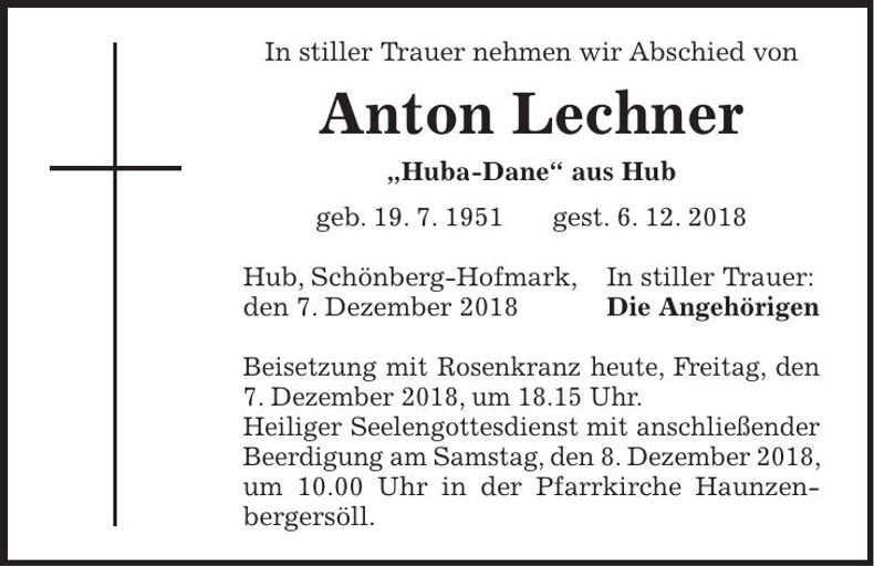 Traueranzeige Anton Lechner