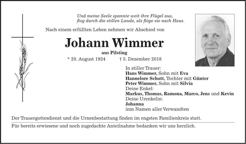 Traueranzeige Johann Wimmer