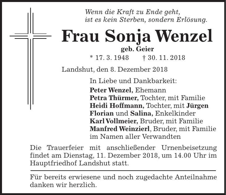 Traueranzeige Sonja Wenzel