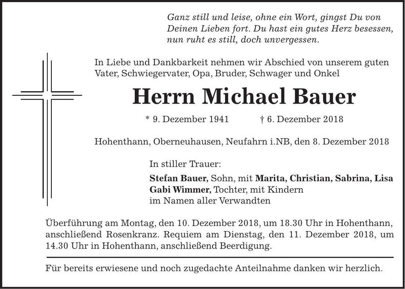 Traueranzeige Michael Bauer