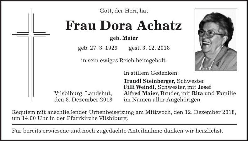 Traueranzeige Dora Achatz