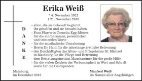 Traueranzeige Erika Weiß