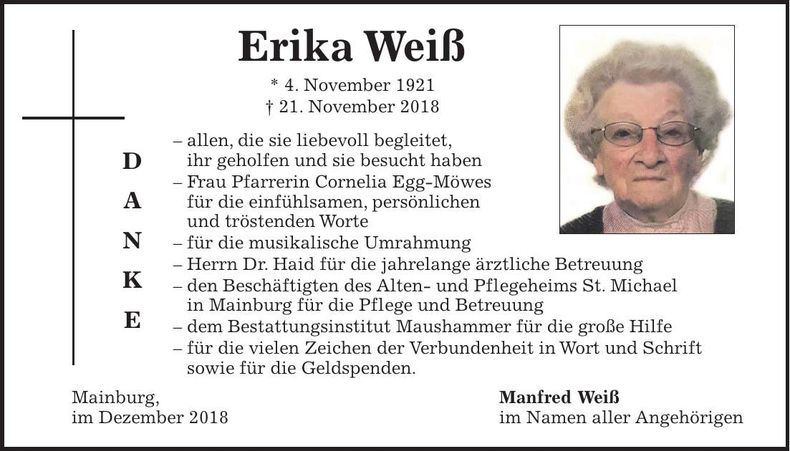 Traueranzeige Erika Weiß