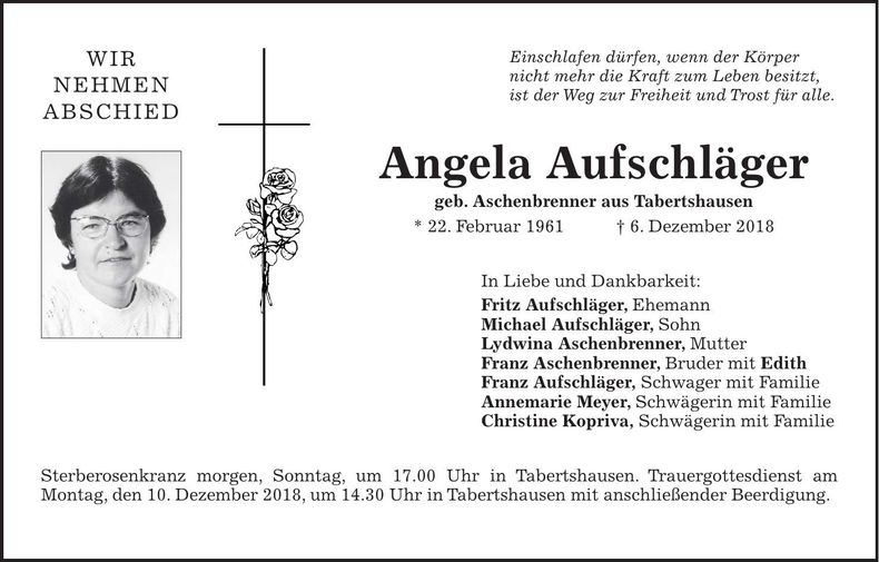 Traueranzeige Angela Aufschläger