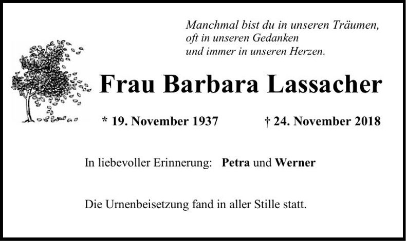 Traueranzeige Barbara Lassacher
