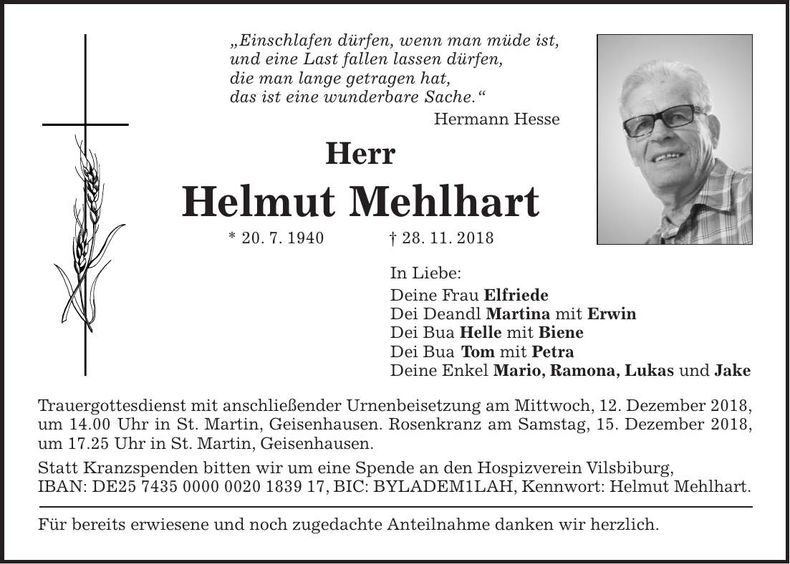 Traueranzeige Helmut Mehlhart