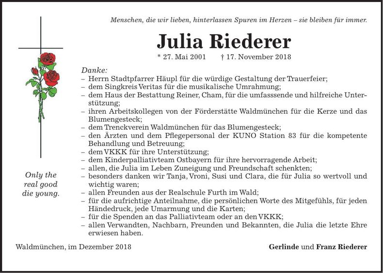 Traueranzeige Julia Riederer