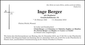 Traueranzeige Inge Berger