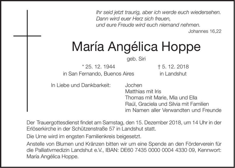 Traueranzeige María Angélica Hoppe
