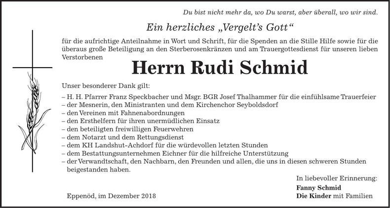 Traueranzeige Rudi Schmid