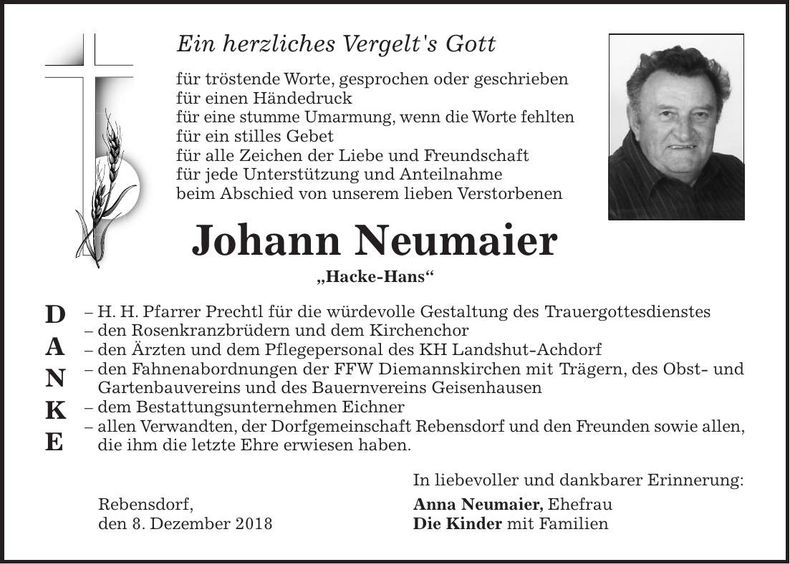 Traueranzeige Johann Neumaier