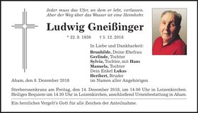 Traueranzeige Ludwig Gneißinger