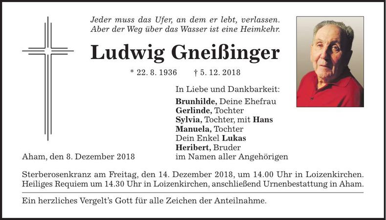 Traueranzeige Ludwig Gneißinger