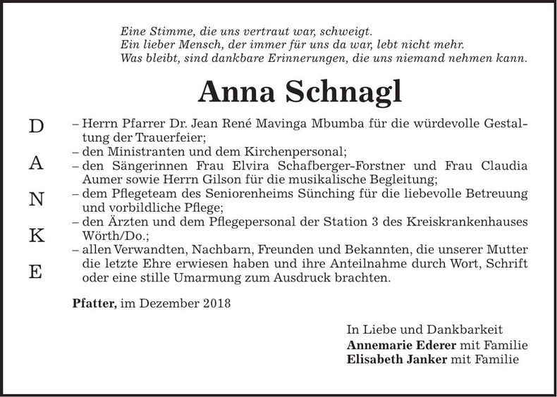 Traueranzeige Anna Schnagel