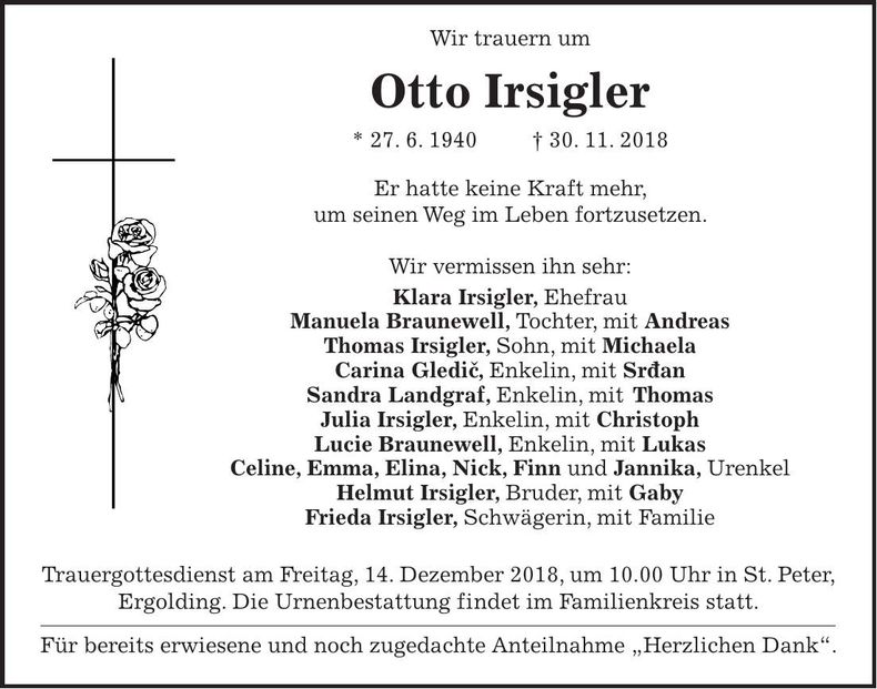 Traueranzeige Otto Irsigler