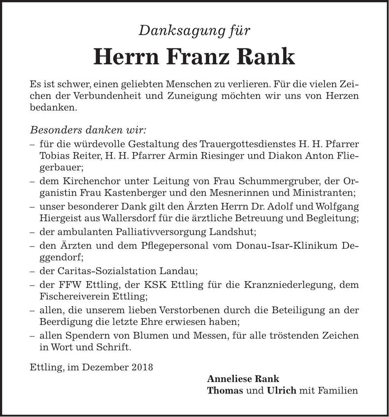 Traueranzeige Franz Rank