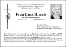 Traueranzeige Irma Hirsch