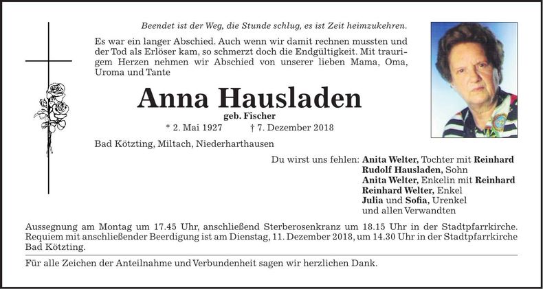 Traueranzeige Anna Hausladen