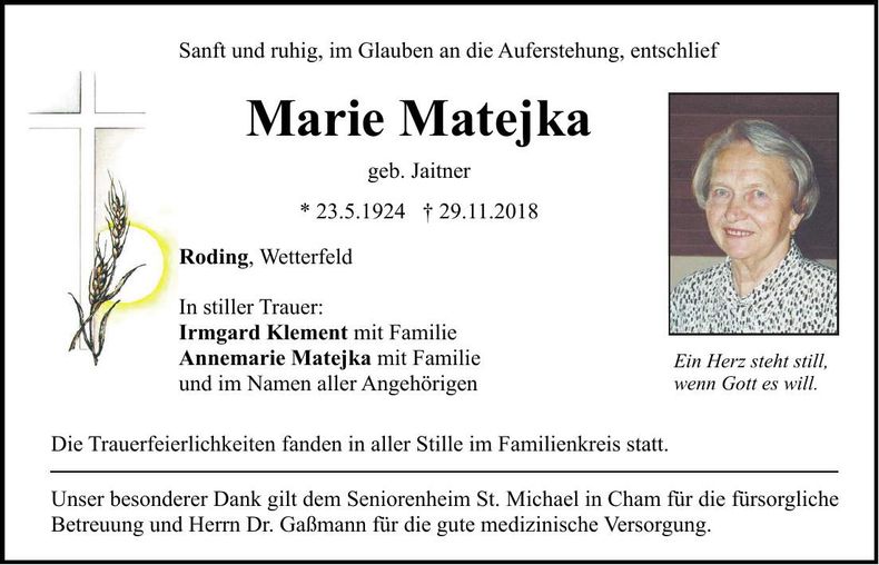 Traueranzeige Marie Matejka