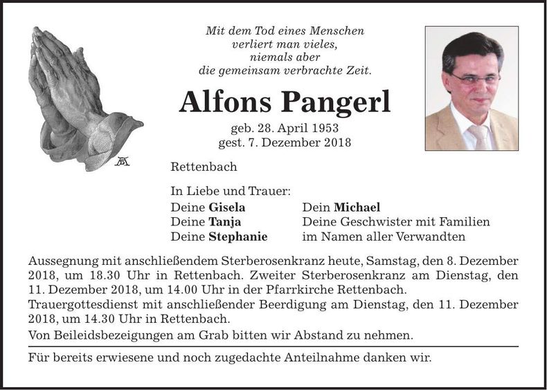Traueranzeige Alfons Pangerl