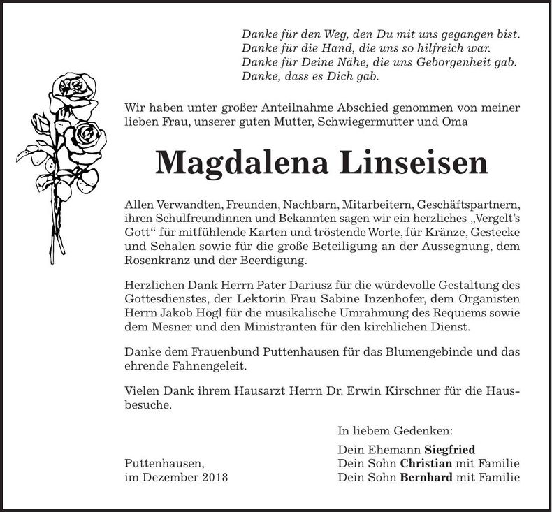 Traueranzeige Magdalena Linseisen