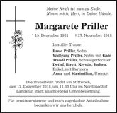 Traueranzeige Margarete Priller