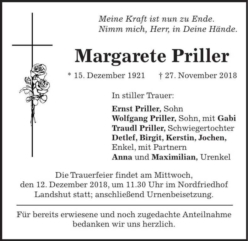 Traueranzeige Margarete Priller