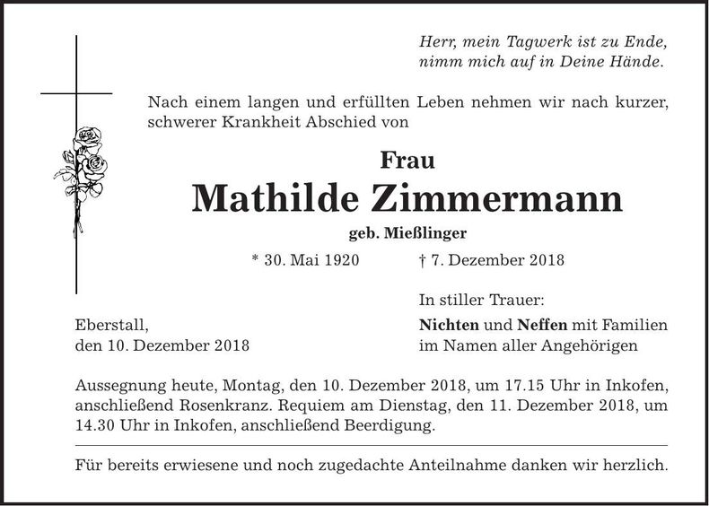 Traueranzeige Mathilde Zimmermann