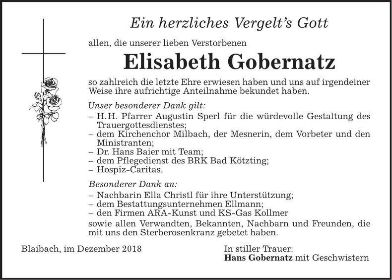 Traueranzeige Elisabeth Gobernatz
