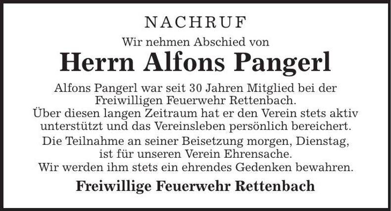 Traueranzeige Alfons Pangerl