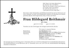 Traueranzeige Hildegard Reithmair