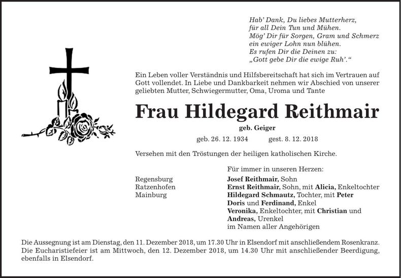 Traueranzeige Hildegard Reithmair