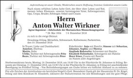 Traueranzeige Anton Walter Wirkner