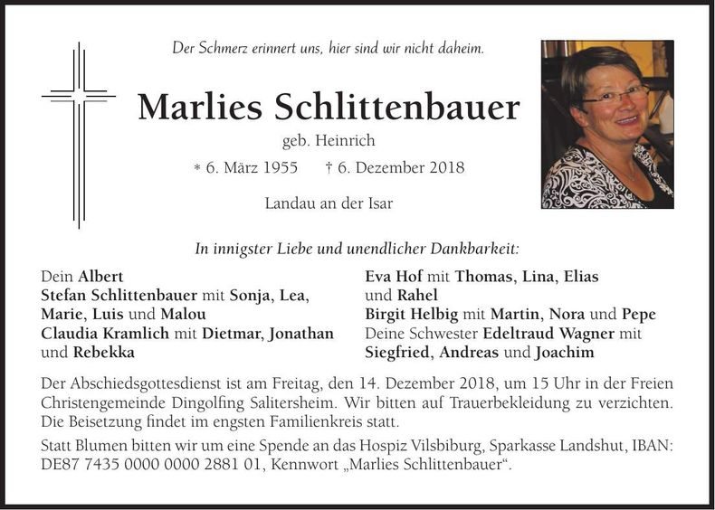 Traueranzeige Marlies Schlittenbauer