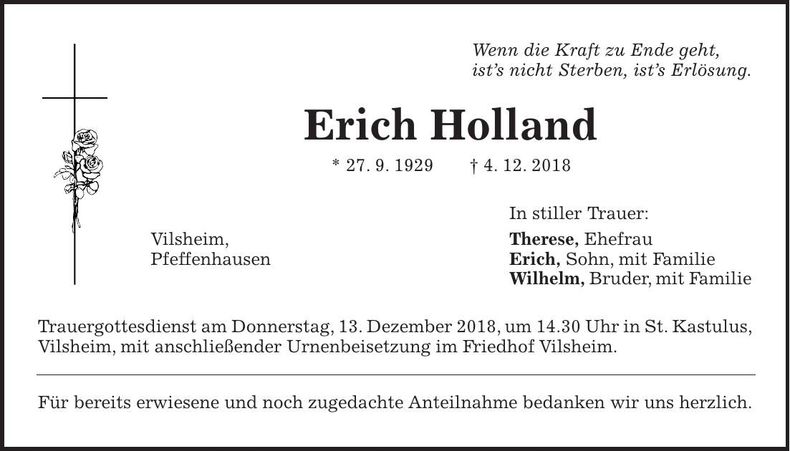 Traueranzeige Erich Holland